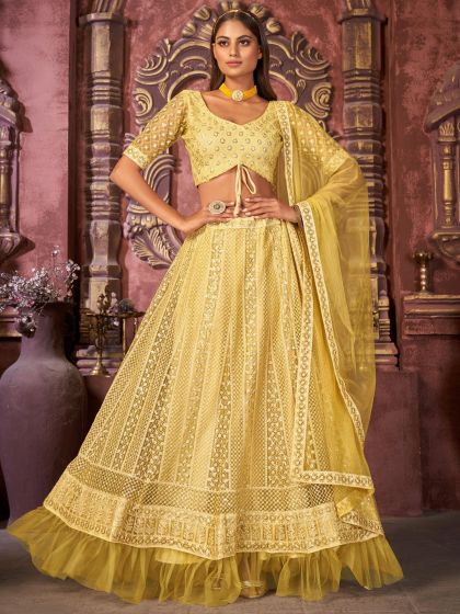 Yellow Sequins Embroidered Net Lehenga Choli With Dupatta