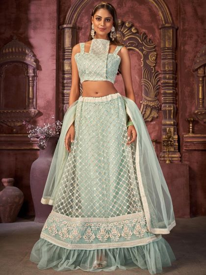 Blue Bridesmaid Net Lehenga Choli With Embroidery