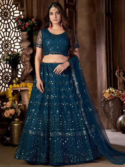 Blue Sequins Embroidered Lehenga Choli In Net