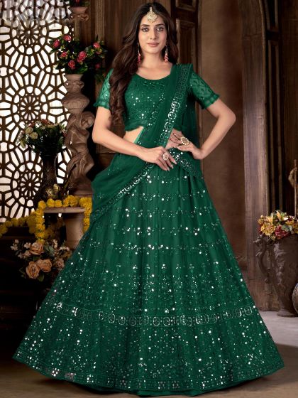 Green Net Embroidered Lehenga Choli With Dupatta