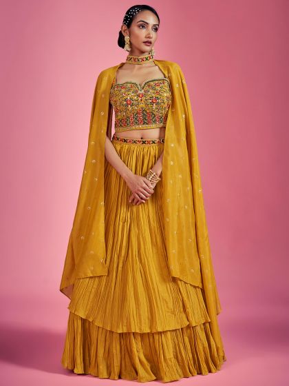 Yellow Bridesmaid Tiered Lehenga Choli In Crepe