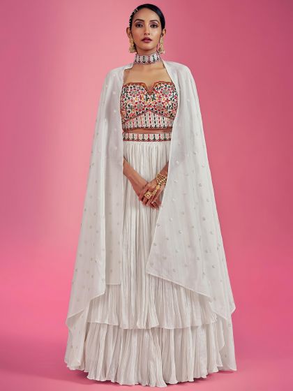 White Bridesmaid Tiered Lehenga Choli With Dupatta