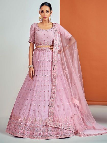 Pink Georgette Lehenga Choli With Mirror Work