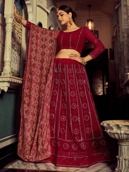 Red Georgette Lehenga Choli With Sequins Embroidery