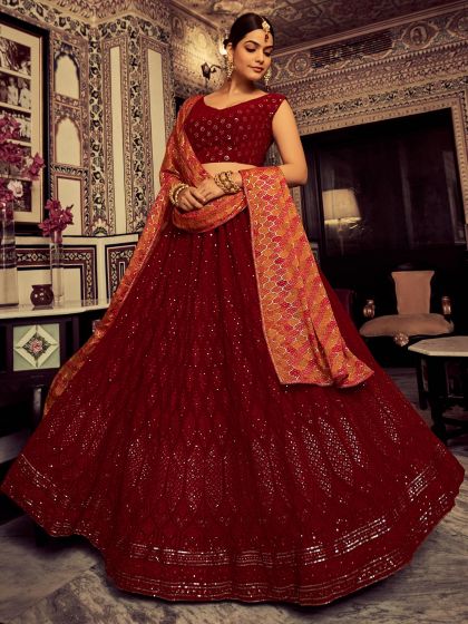 Red Sequins Embroidered Lehenga Choli In Georgette
