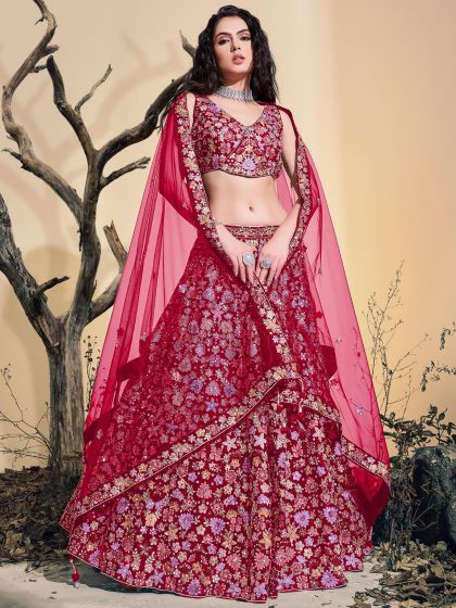 Red Mirror Work Bridesmaid Lehenga Choli In Net