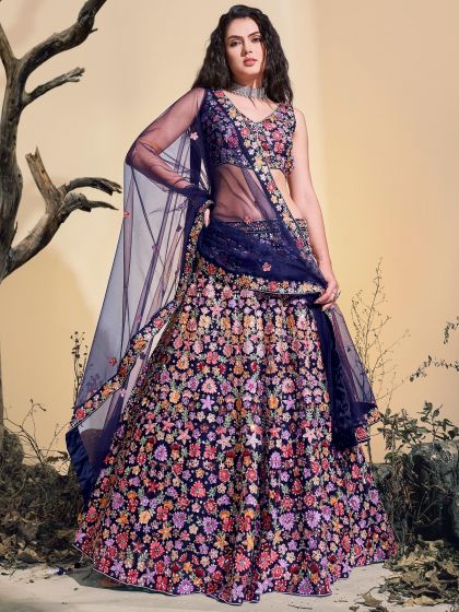 Blue Mirror Work Net Lehenga Choli For Sangeet