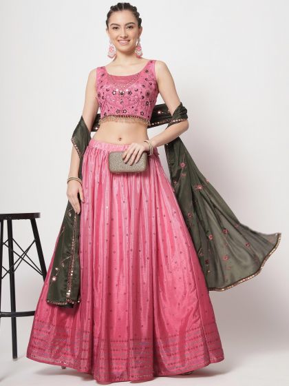 Pink Embroidered Art Silk Lehenga Choli With Dupatta