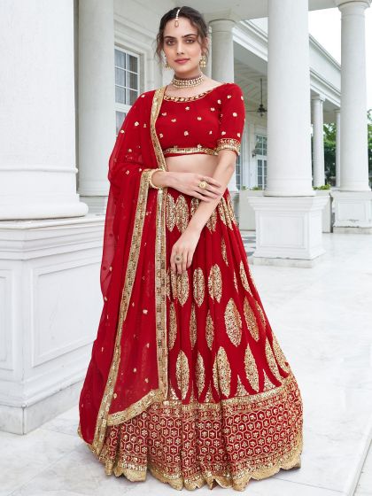 Red Embroidered Bridal Georgette Lehenga Set