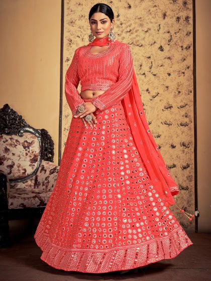 Peach Mirror Embroidered Lehenga Set In Art Silk
