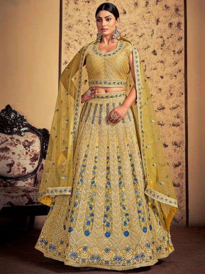 Yellow Bridesmaid Embroidered Lehenga Set In Net