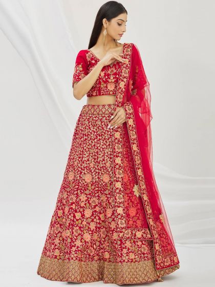 Pink Bridal Velvet Lehenga With Embroidery
