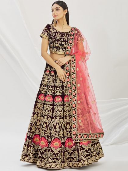Maroon Zari Work Velvet Lehenga Choli