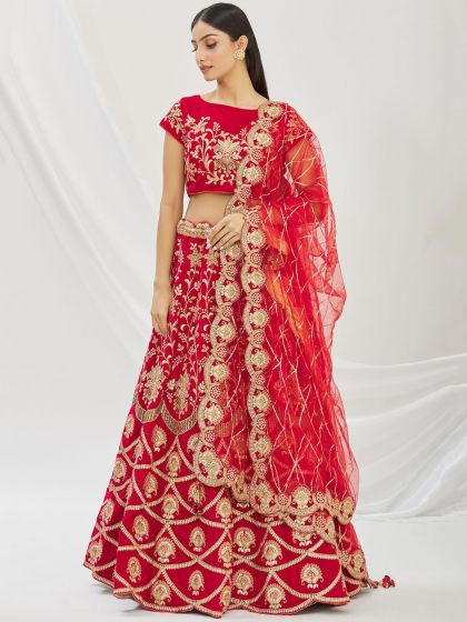 Red Embroidered Velvet A Line Lehenga Set