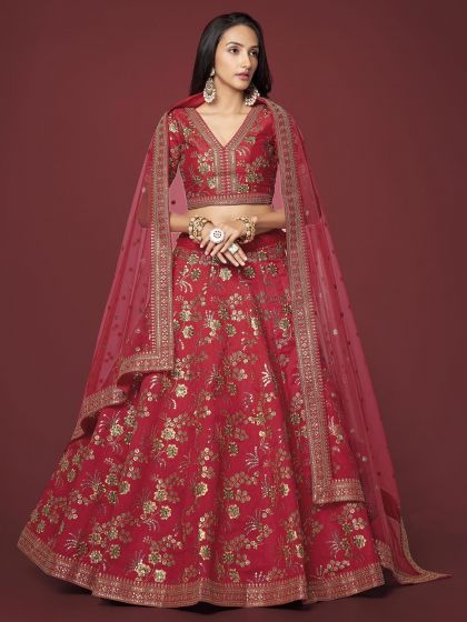 Red Embroidered Bridesmaid Lehenga Choli In Silk