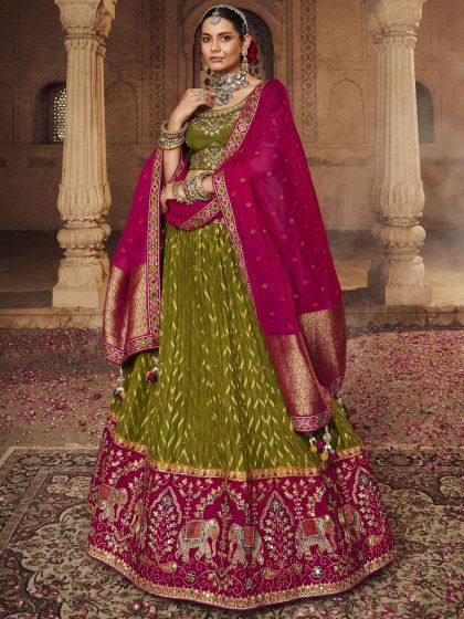 Green Embroidered Fetsive Lehenga Set In Rayon