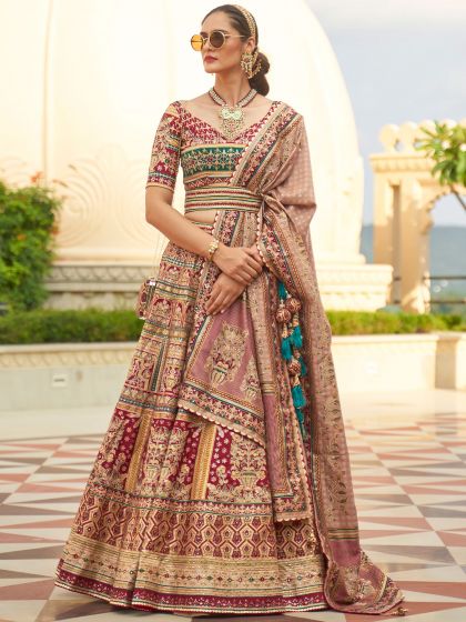Brown Wedding Wear Silk Lehenga With Traditional Prints