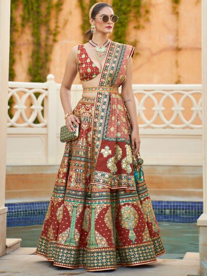 Brown Silk Bridal Lehenga Sequins Embroidery