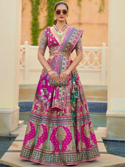Pink Wedding Wear Embroidered Lehenga In Silk