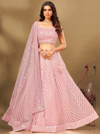 Pink Sequined Bridesmaid Lehenga In Net