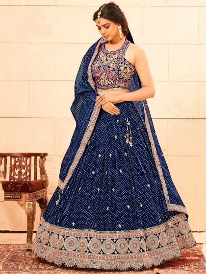 Blue Bandhej Lehenga With Embroidered Choli