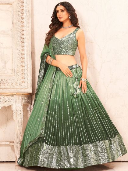 Green Shaded Sequined Lehenga Choli Set