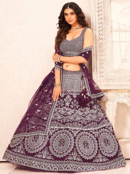 Purple Sequined Bridesmaid Lengha In Net