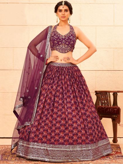 Purple Printed Bridesmaid Lengha Choli In Georgette