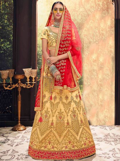 Cream Zari Work Lehanga Choli In Art Silk