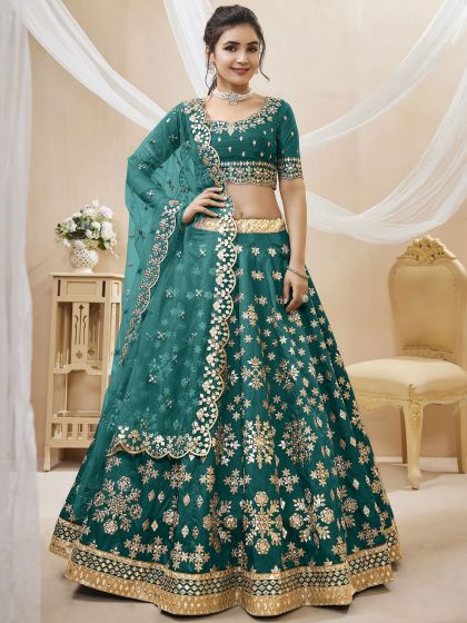 Green Gota Patti Embellished Lehenga In Art Silk