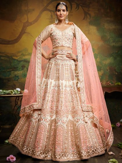 White Moti Embellished Lehenga Choli In Silk