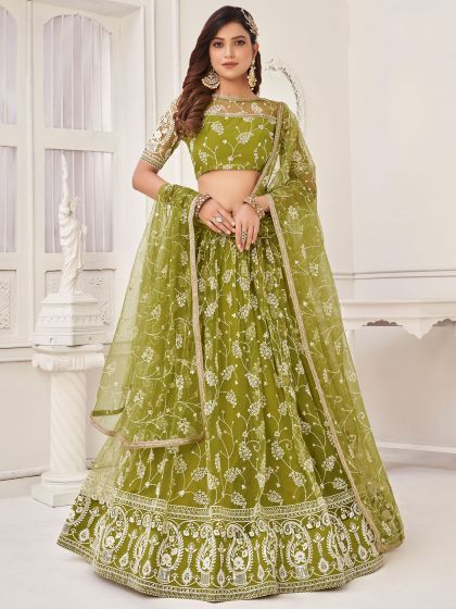 Green Thread Embroidered Net Lehenga With Dupatta