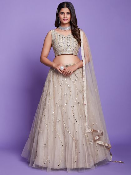 Beige Mirror Work Net Lehenga Choli