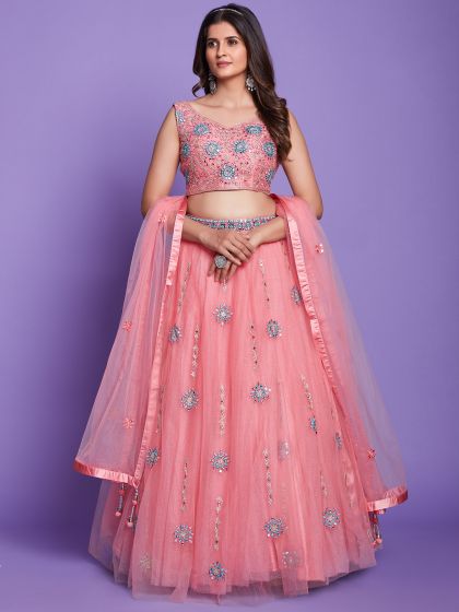 Peach Bridesmaid Lehenga Choli With Mirror Work