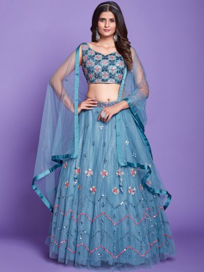 Blue Mirror Embroidered Net Lehenga With Dupatta