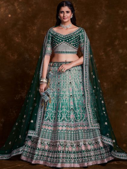 Green Stone Work Designer Lengha In Art Silk