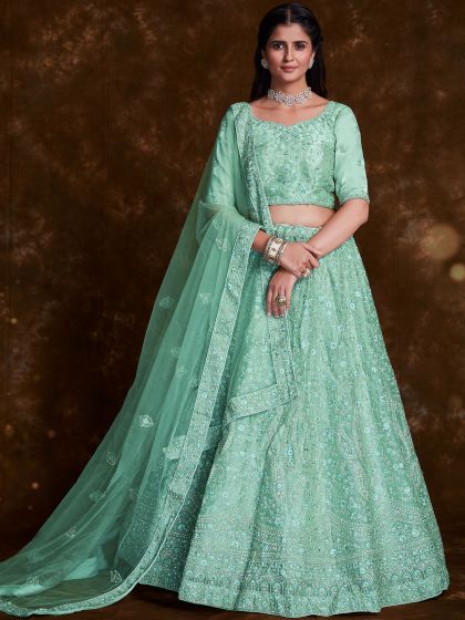 Green Embroidered Lehenga Choli In Organza