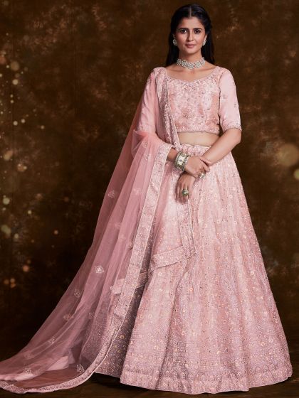 Peach Stone Work Engagement Lengha In Organza