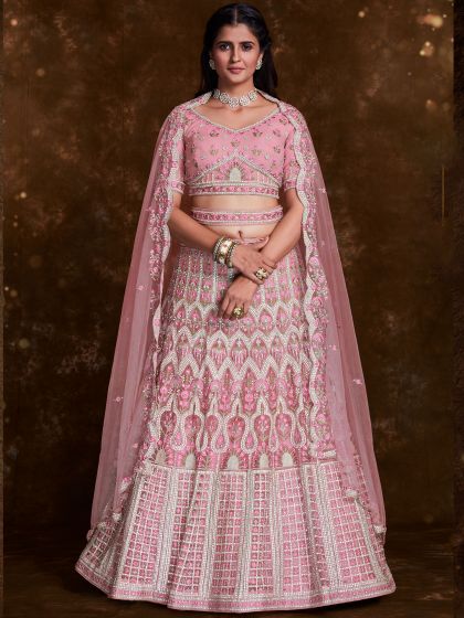 Pink Stone Work Embellished Net Lehenga Set