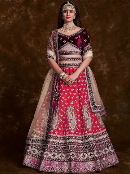 Pink Embroidered Lehenga With Velvet Choli