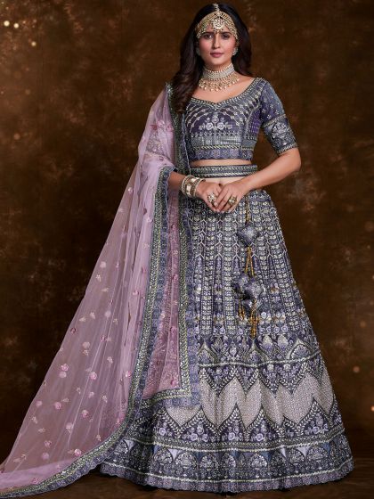 Purple Embroidered Wedding Wear Lehenga Choli