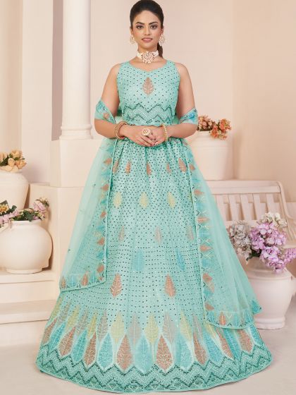 Blue Net Lehenga With Embroidered Blouse In A line Style