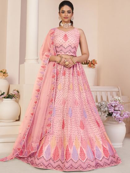 Pink Sequined Net Lehenga Set In A line Style