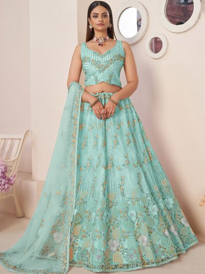 Blue Lehenga Choli With A Line Styled In Net