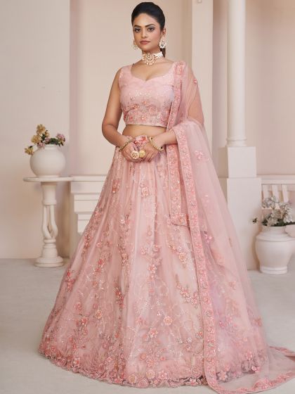 Pink Embroidered Net Lehenga Choli With Dupatta