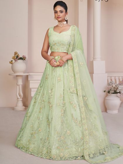 Green Net A Line Lehenga Choli With Embroidery