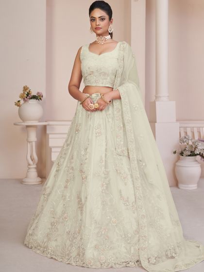 White Stone Work Embellished A Line Lehenga In Net