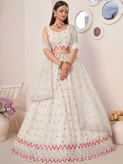 White Party Wear Net Lehenga In A Line Style