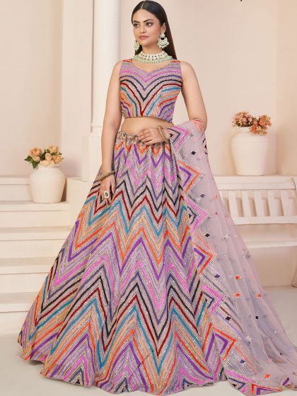 Purple Sequined A Line Styled Net Lehenga With Choli