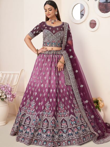 Purple Zari Embroidered Lehenga Choli In Satin